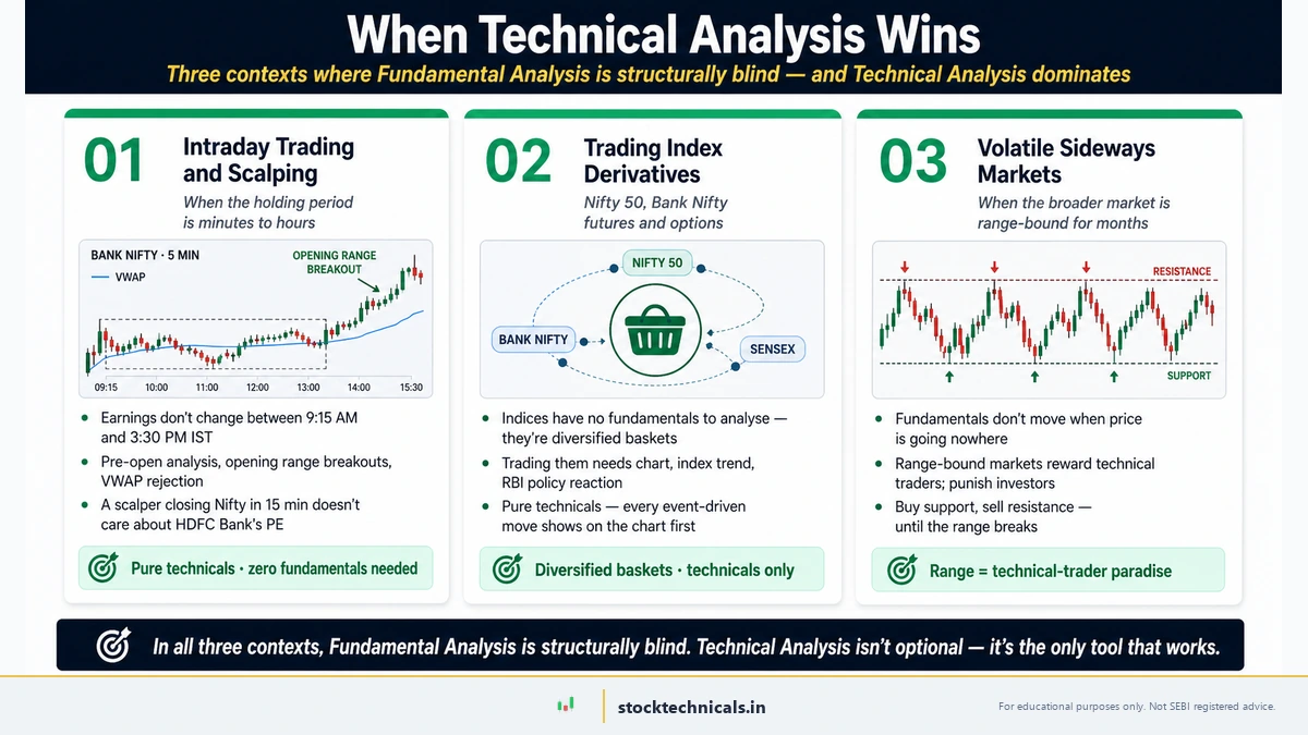 When Technical Analysis Wins — three contexts where Fundamental Analysis is structurally blind: intraday and scalping, trading index derivatives, and volatile sideways markets