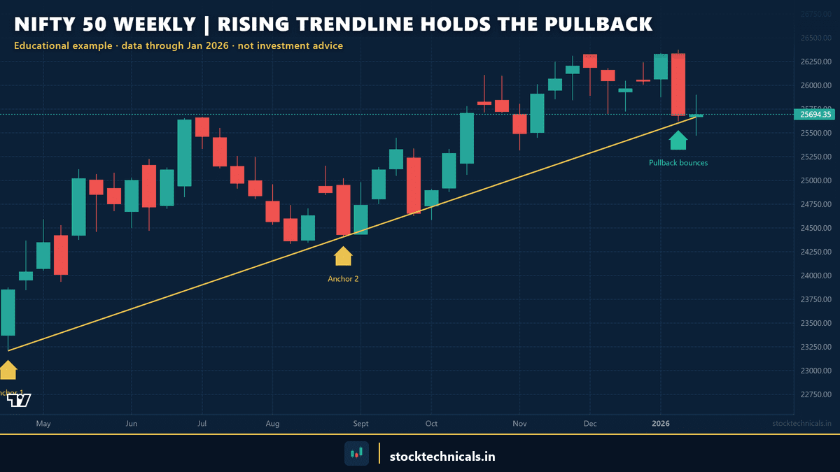 Nifty 50 weekly chart from April 2025 to January 2026, showing a rising trendline that holds the January 2026 pullback. Educational example, not investment advice.