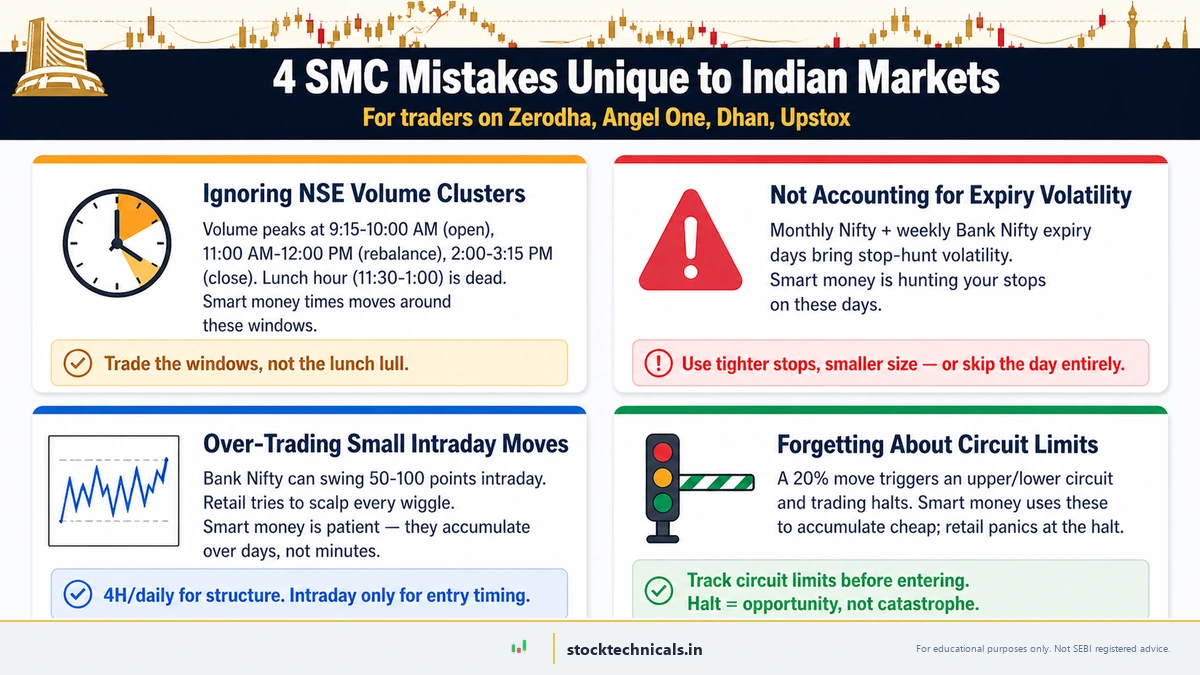 4 SMC mistakes unique to Indian markets — NSE volume clusters, expiry volatility, over-trading intraday, circuit limits