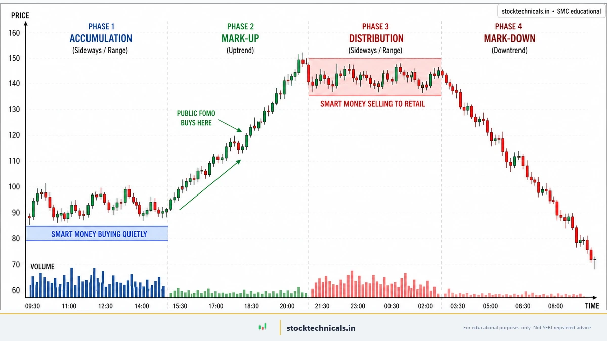 SMC market structure timeline with full price + volume + time axes — accumulation, mark-up, distribution, mark-down phases with sideways/uptrend/sideways/downtrend sub-states